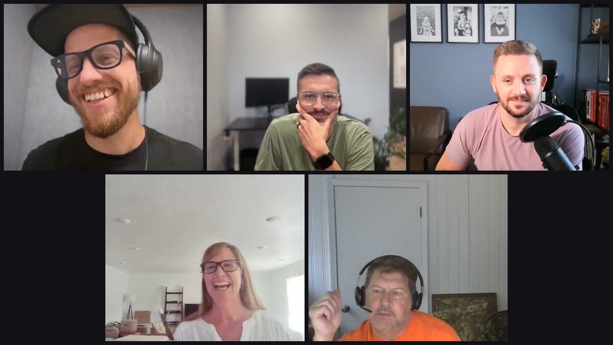 Composite of video stills: Kevin Kirchner and four cohort members at different moments across two AI coaching sessions